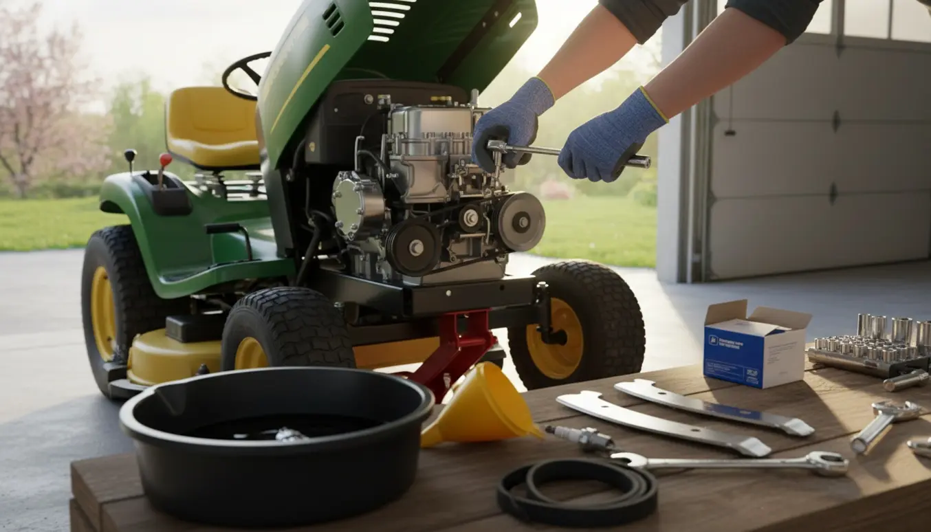 Nærbillede af hænder, der forårsklargør en havetraktor med tændrør, remme og olie i et solbeskinnet garagerum.
