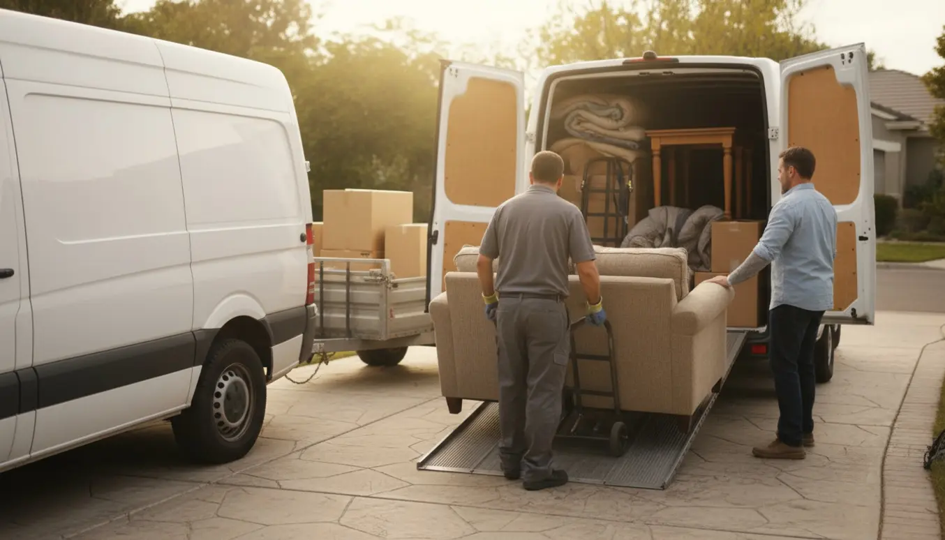 En flyttebil og trailer på indkørsel, hvor en flyttemand og en hjælper uden synlige ansigter læsser en sofa med en flyttetralle.