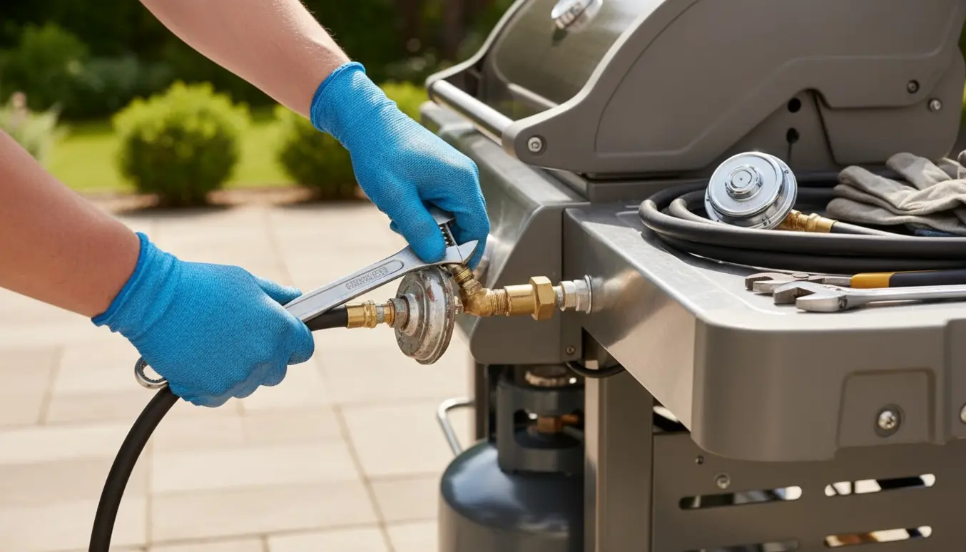 Nærbillede af hænder, der skifter en beskadiget gasregulator på en udendørs gasgrill på en solrig terrasse.