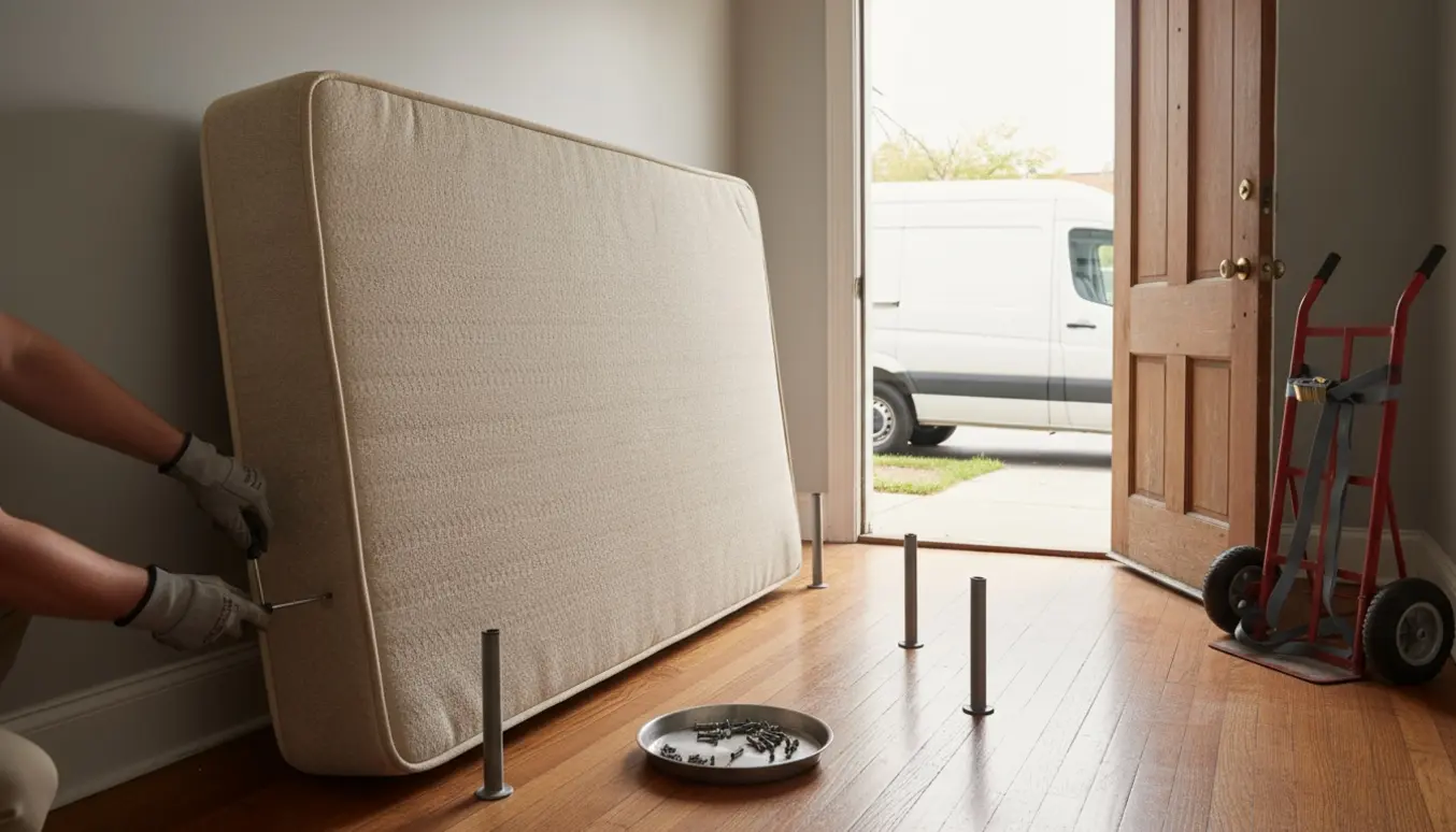 Boxmadras får afmonteret ben i stueetagens indgang klar til afhentning og kørsel til storskrald.