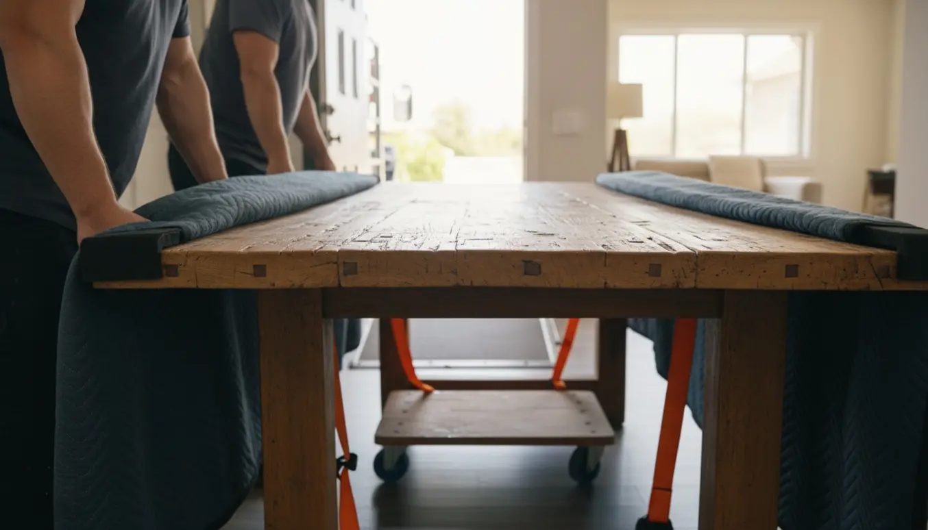 To personer flytter et stort, gammelt træbord gennem en døråbning med flyttetæpper og dolly.