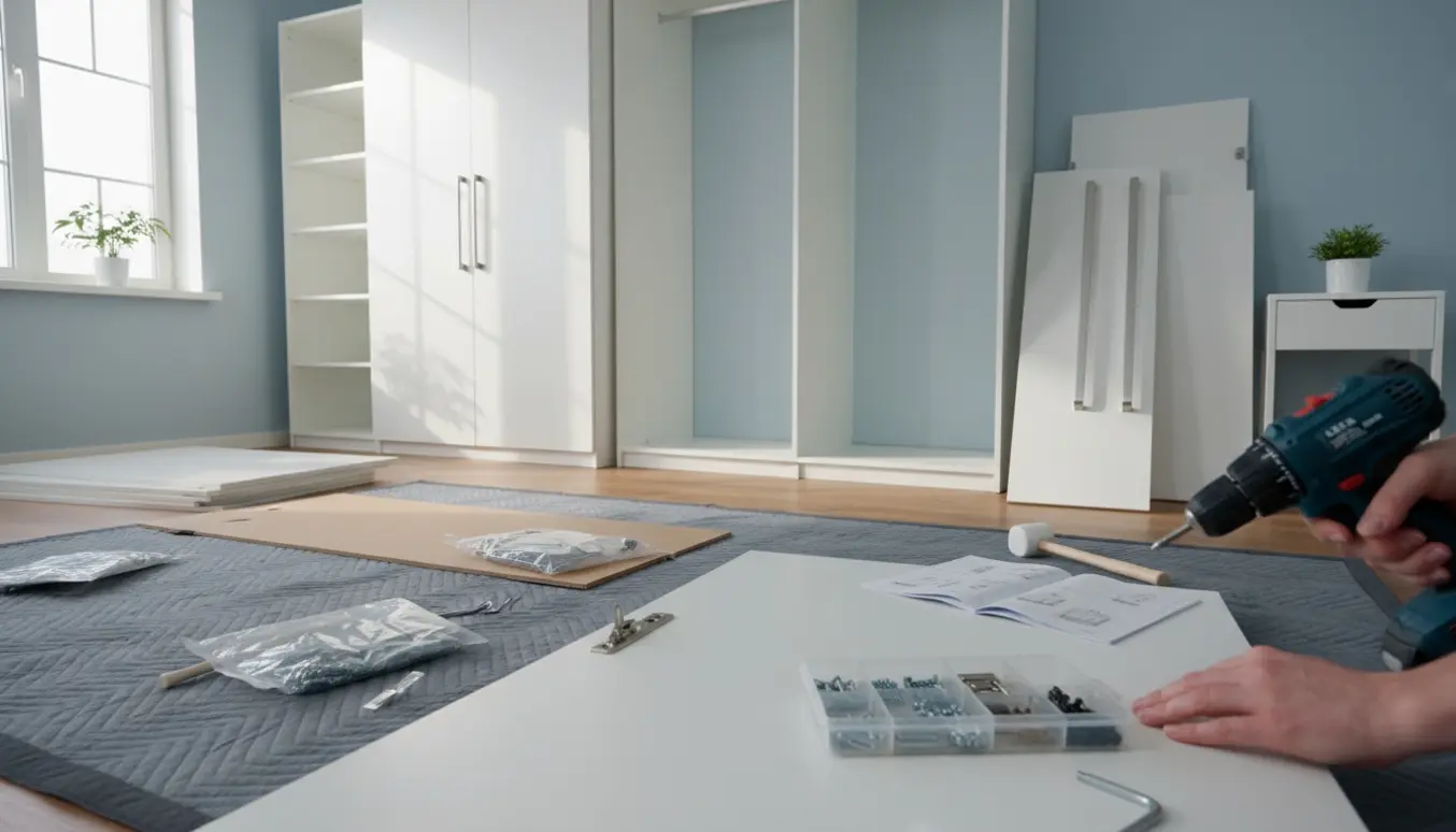 Delvist samlet 4 m hvidt PAX-garderobeskab med hylder, låger og værktøj på et lyst soveværelsesgulv.