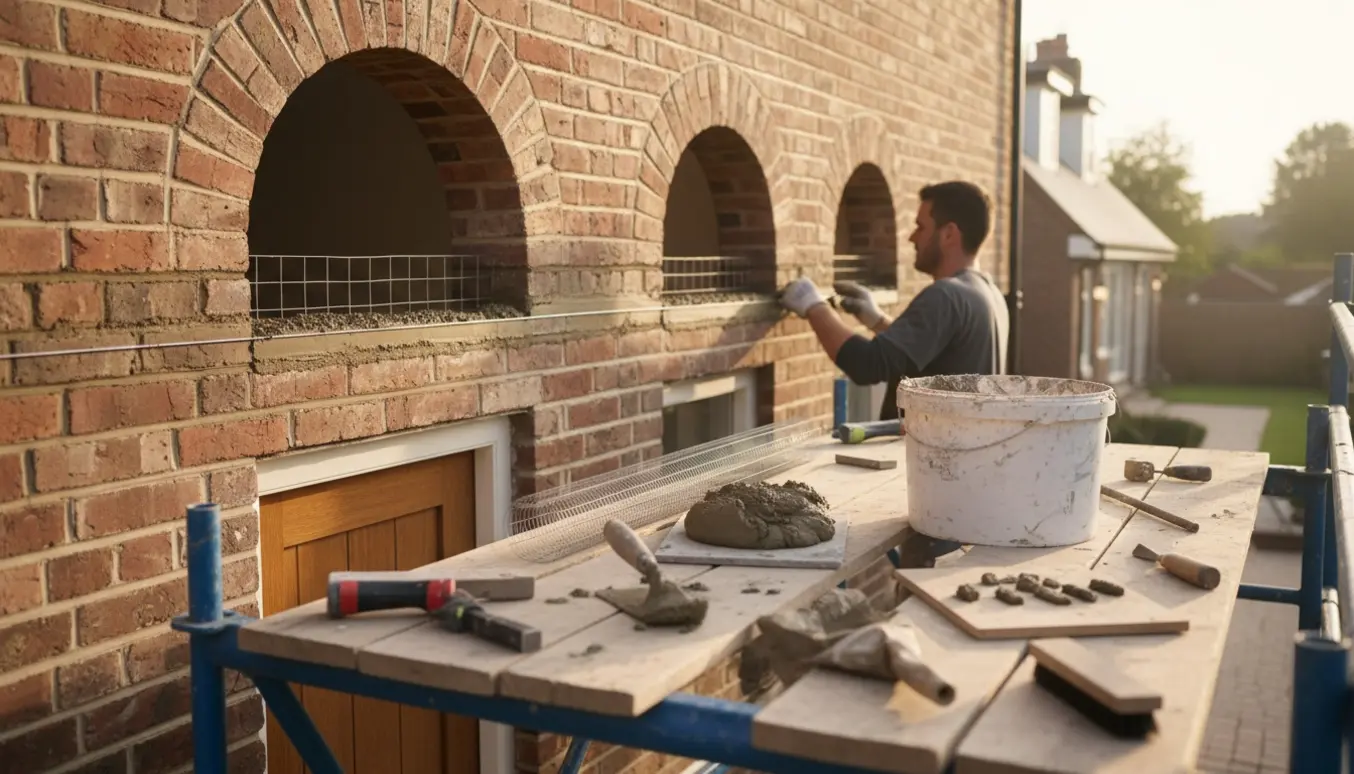 Håndværker omfuger og lægger armering over tre vinduer og en dør på en teglfacade.