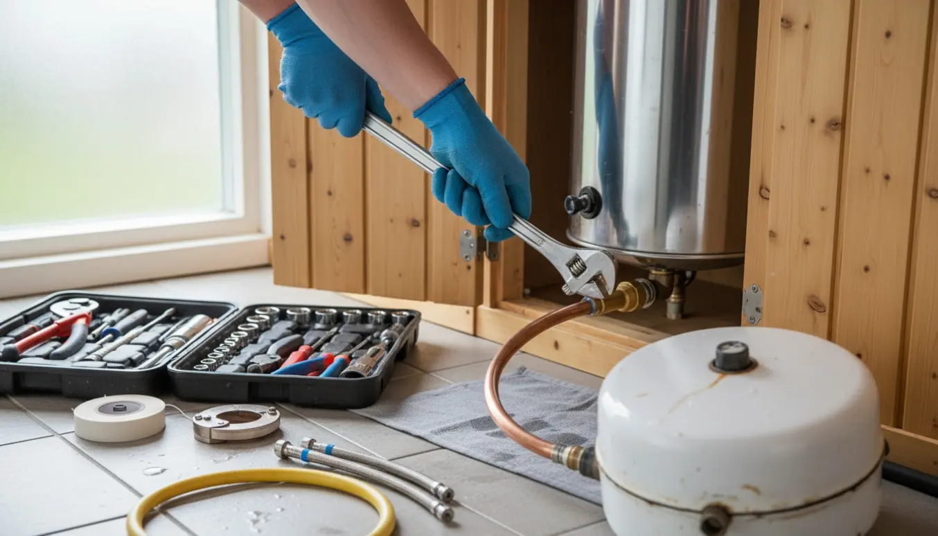 Tekniker monterer en ny Metro 611-varmtvandsbeholder i et lyst sommerhusbadeværelse.