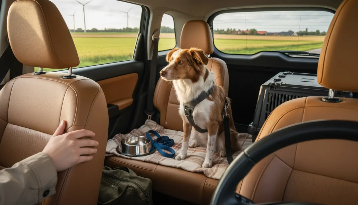 Mellemstor hund sikret på bagsædet i en bil under en køretur gennem dansk landskab.