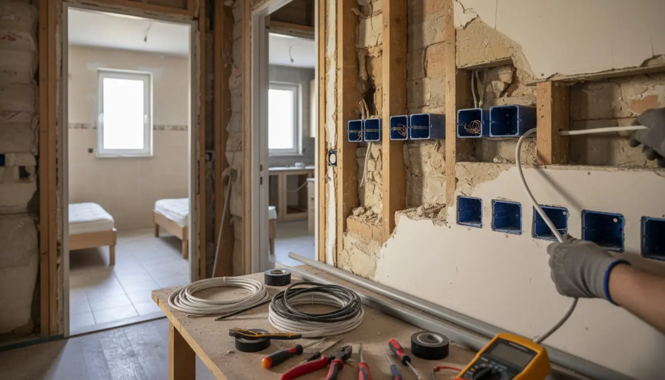 Elektriker arbejder med nye installationer i et ældre hus, synlige kabler og værktøj.