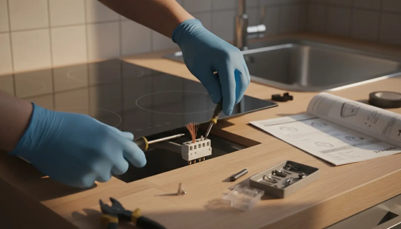 En håndværker monterer en ny elektrisk kogeplade i køkkenet og forbinder den gamle ledning til kogepladens terminaler.