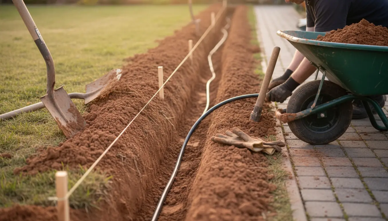 Smal opgravet grøft i lerjord til elkabel med rør, værktøj og tilbagefyldt jord.