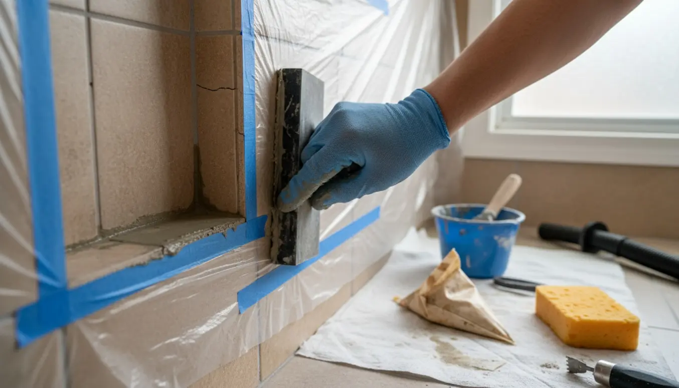 Nærbillede af reparation af revnet cementfuge i en bruseniche med handske, fugeværktøj og afdækning.