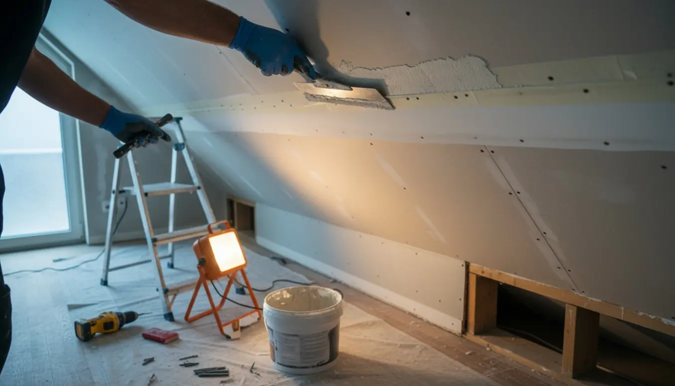 Reparation af et langt, smalt loftstykke med gips, spartelværktøj og afdækningsplast i et lyst rum.