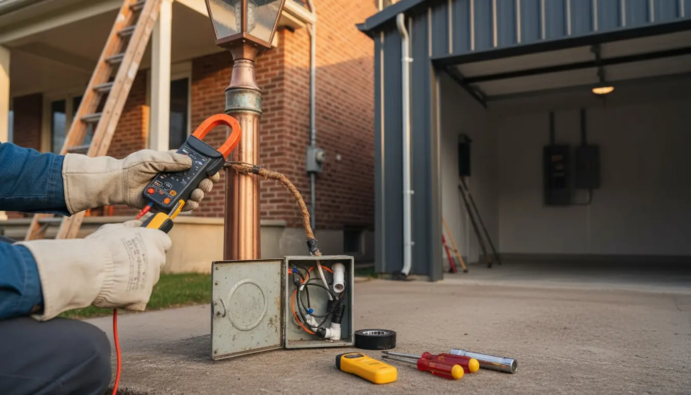 Elektrikers hænder tester en udendørsinstallation ved havelampe og garage med multimeter.