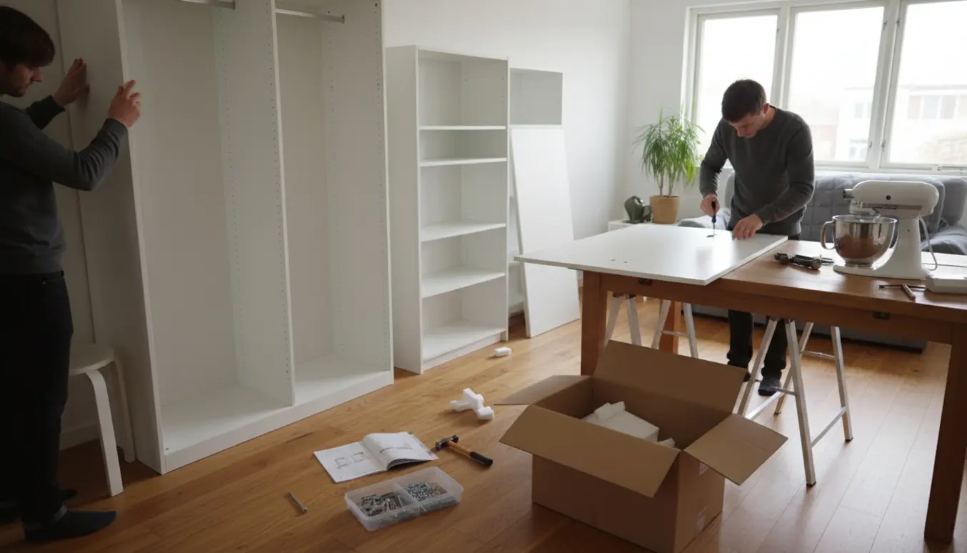 Hænder samler et hvidt skab og en bogreol i en lys stue med værktøj på gulvet og en skammel i stedet for en trappestige.