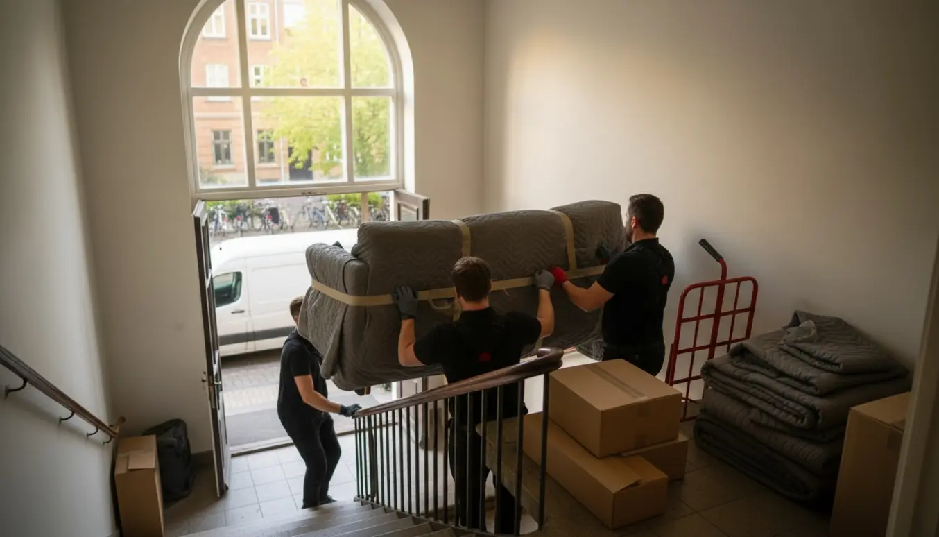 To personer bærer en indpakket sofa op ad en opgangstrappe op til fjerde sal.