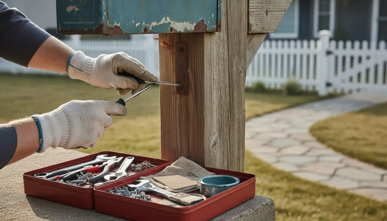 Hænder reparerer en rusten postkasse med skruetrækker og reservedele på en husindgang.