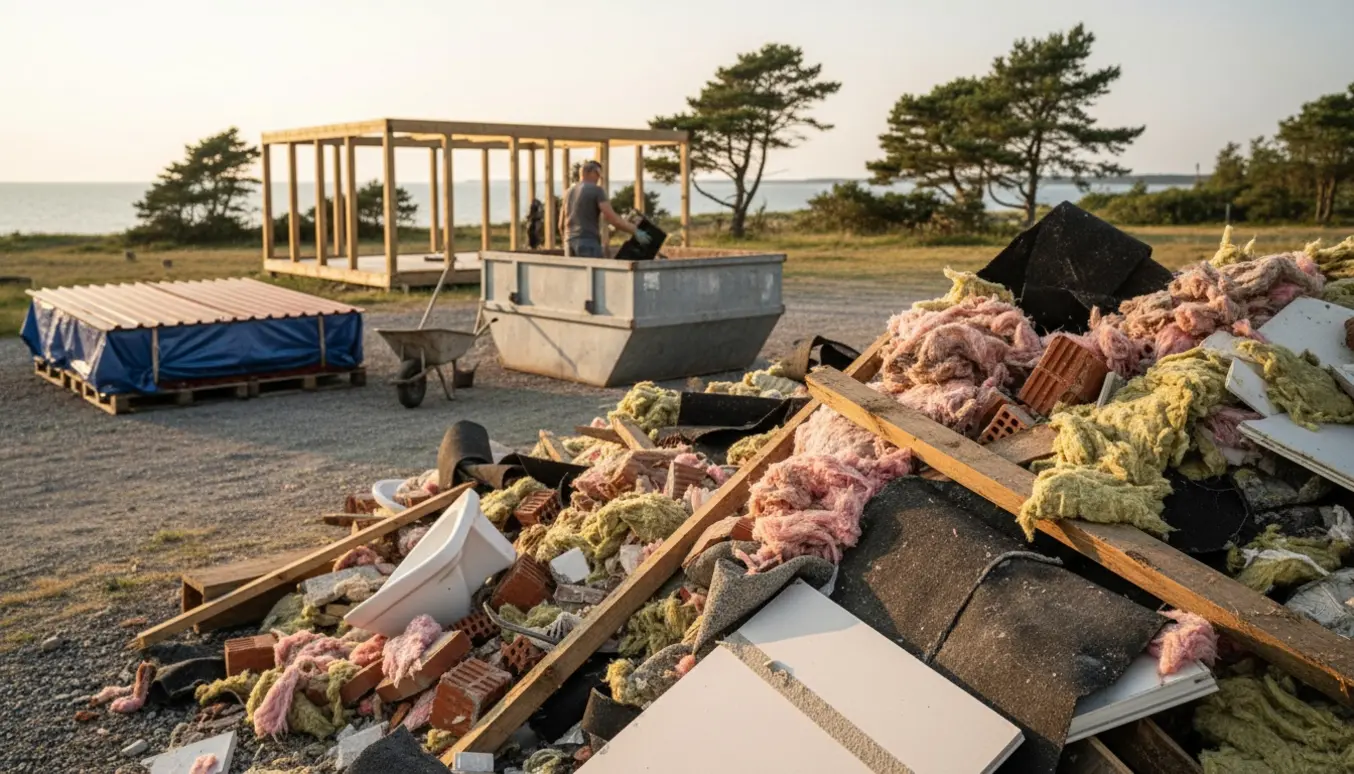 Bunke byggeaffald fra nedrivning af sommerhus ved en åben container, med isolering, gips, tagpap, træ og sanitetsdele, mens røde metaltagplader ligger pænt til side.