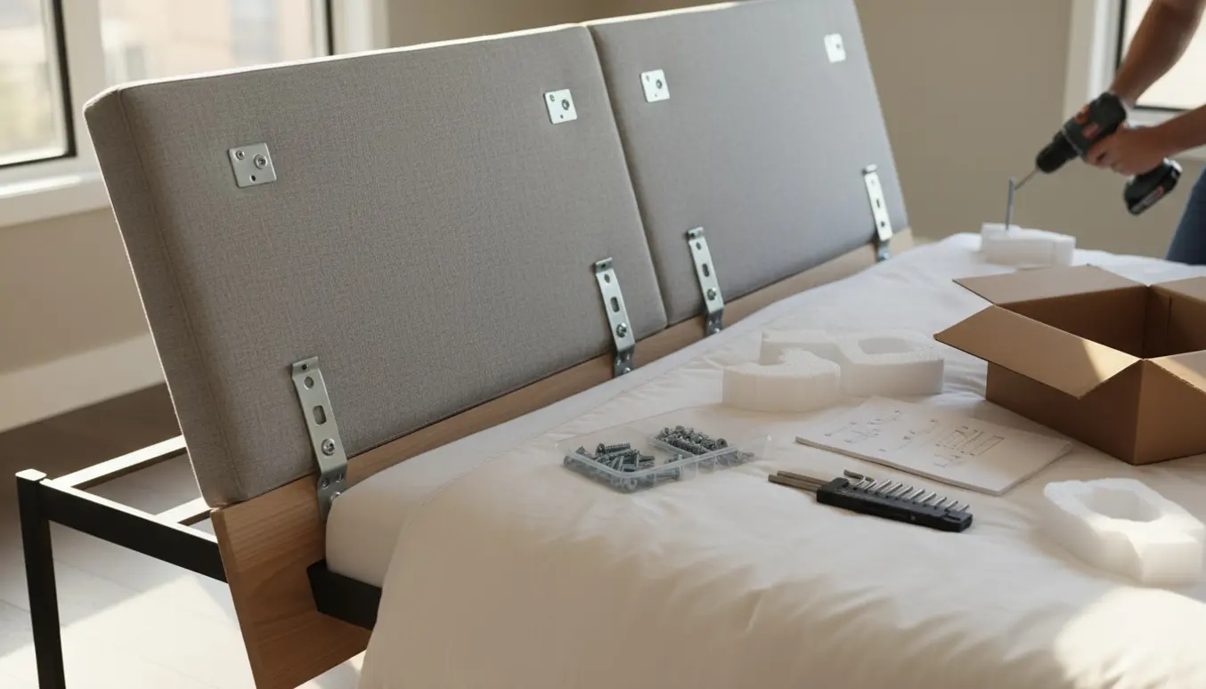 Delvist samlet sengegavl i et lyst soveværelse med værktøj og skruer på sengen.