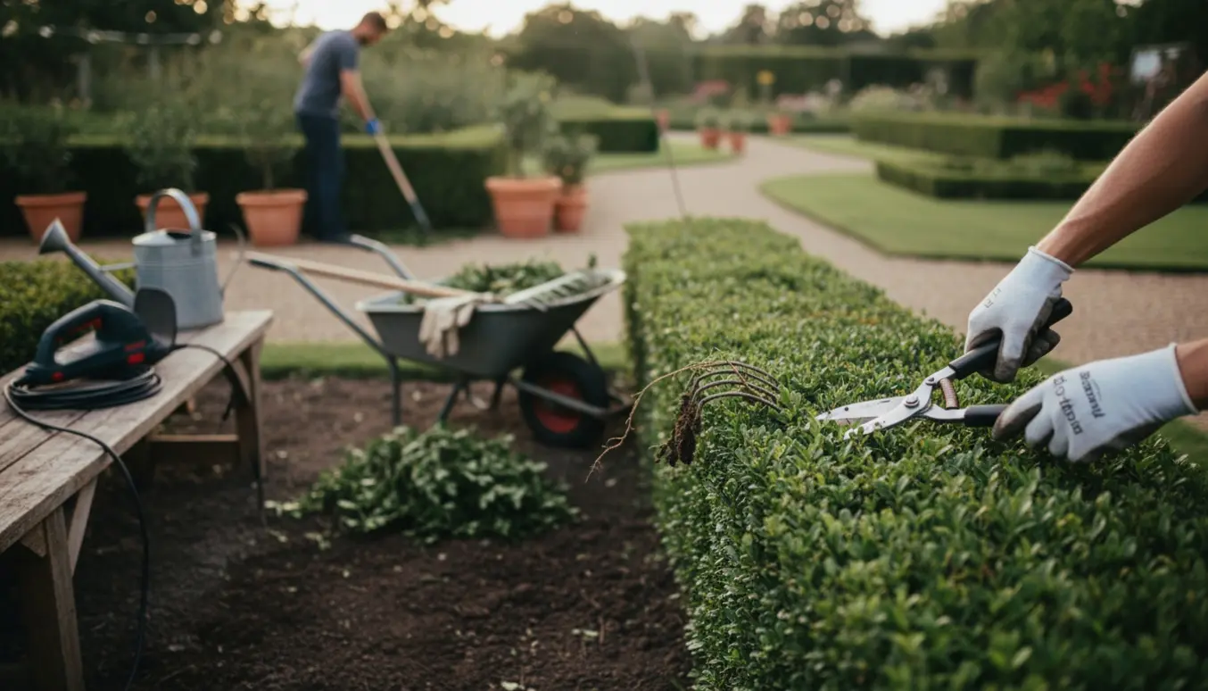 Handsker og beskæringsredskaber i brug til hæk- og lugningsarbejde i en velplejet have.