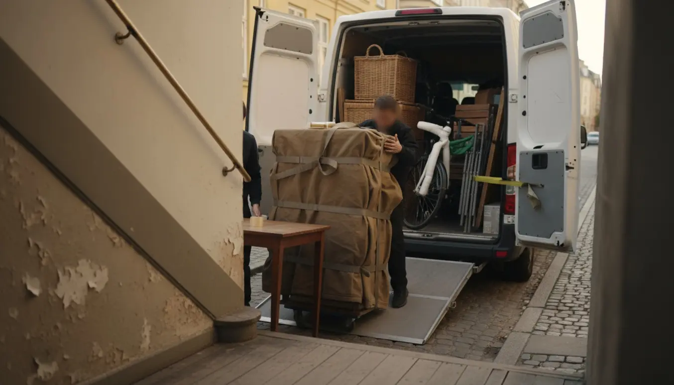 Møbler og havestole bæres ned ad en smal trappe og lastes i en flyttevogn på en rolig gade.