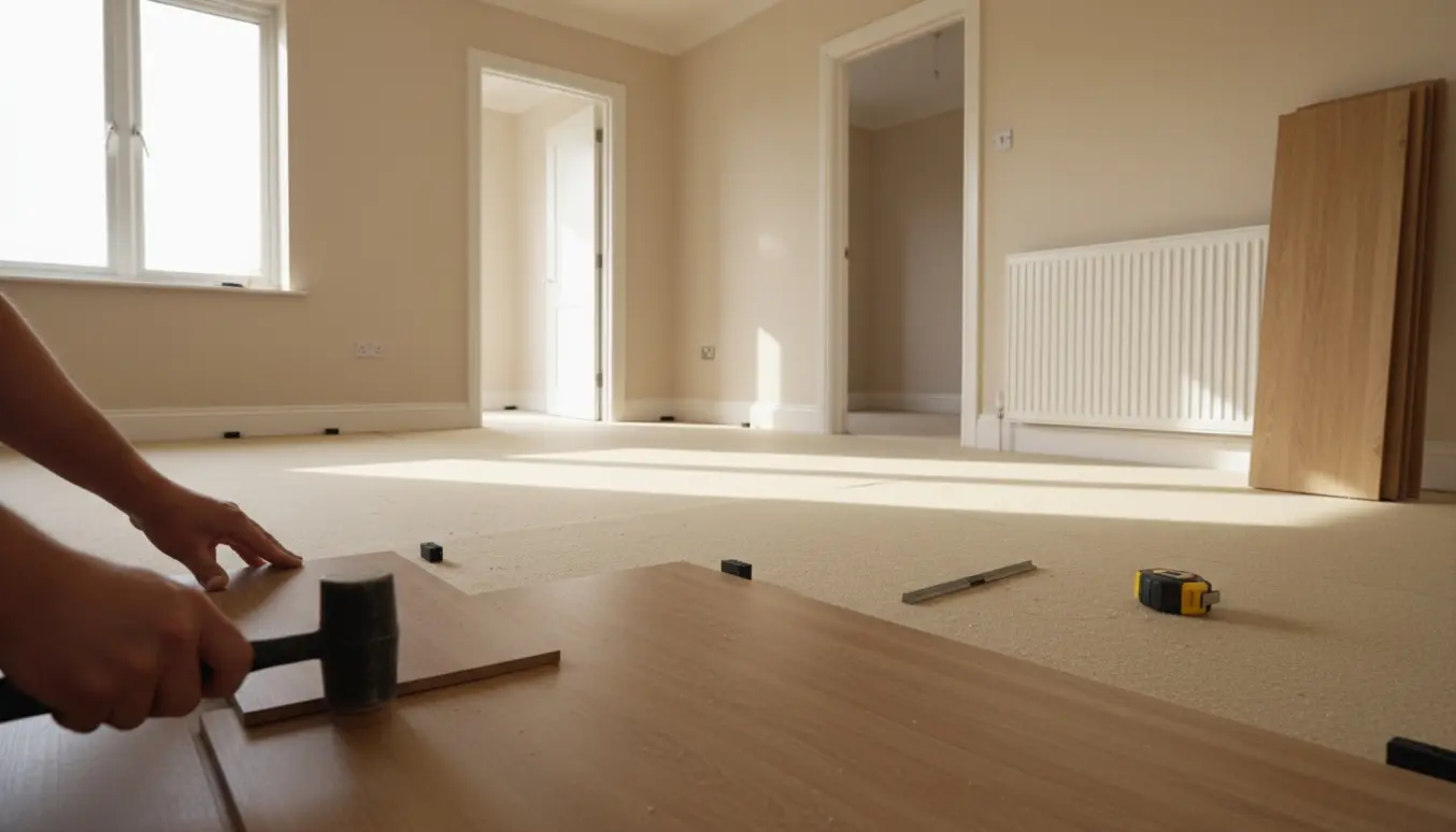 Installering af klikgulv på skumunderlag i et tomt rum med tre døre og en radiator.