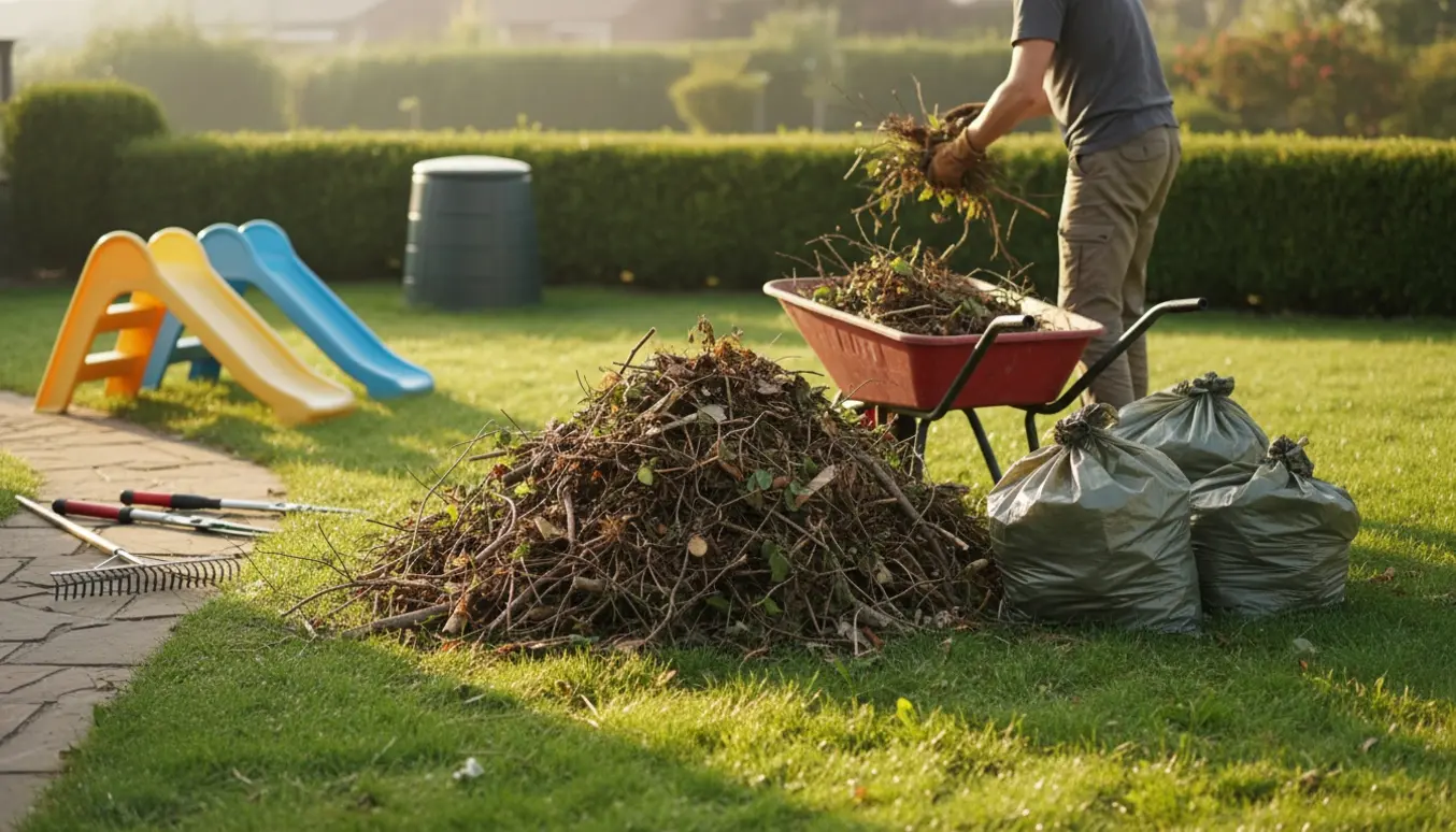 Haveaffald ved en trillebør med to små plast-rutschebaner på græsplænen.