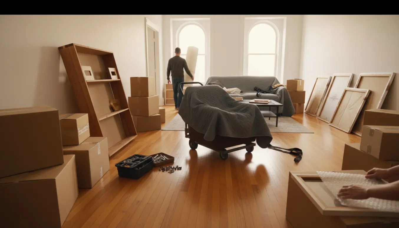Stue med flyttekasser, møbler på dolly og indpakkede malerier klar til flytning.