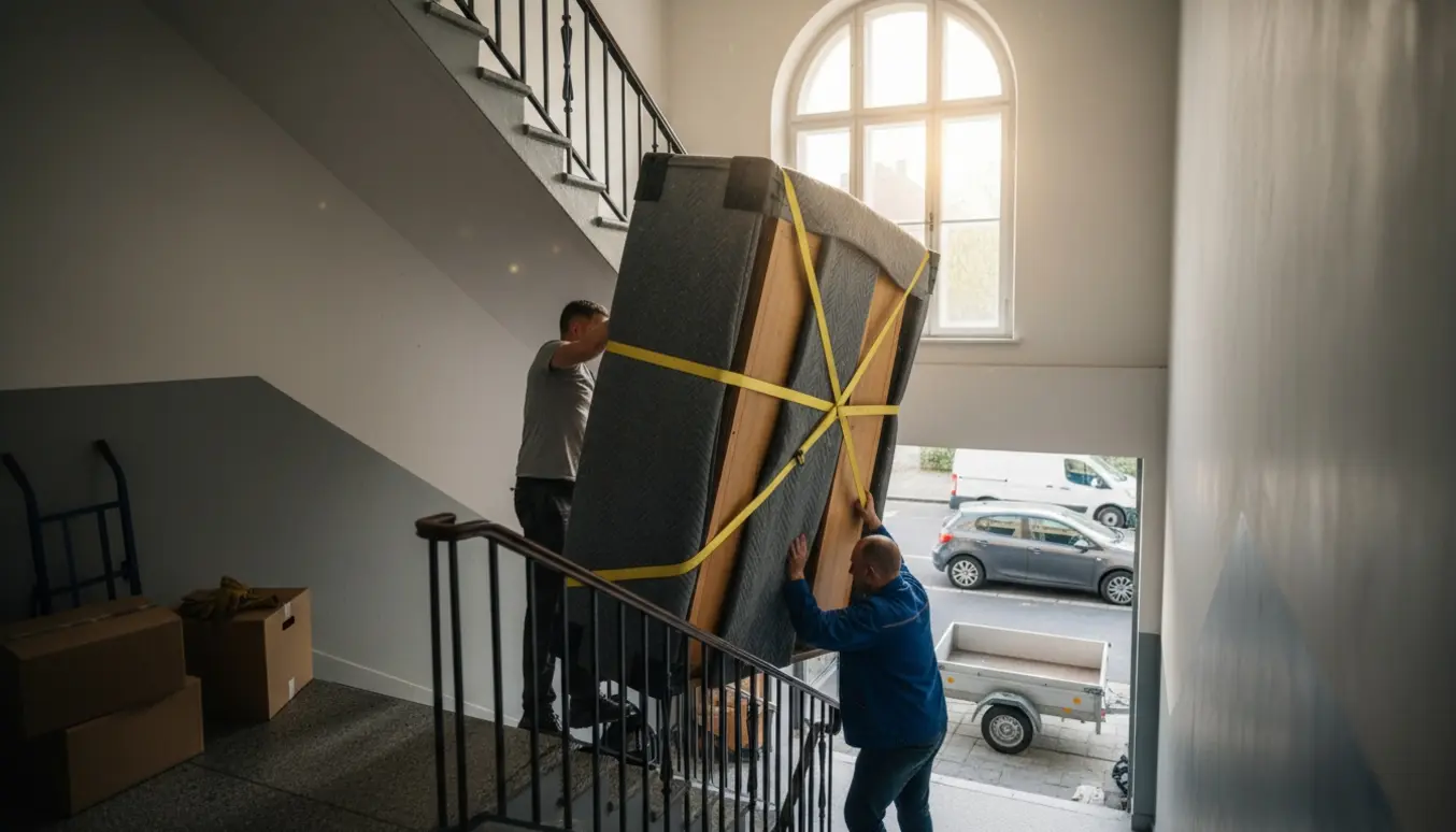 Et indrammet klædeskab bæres ned ad en opgangstrappe med flytteudstyr og biler uden for bygningen.