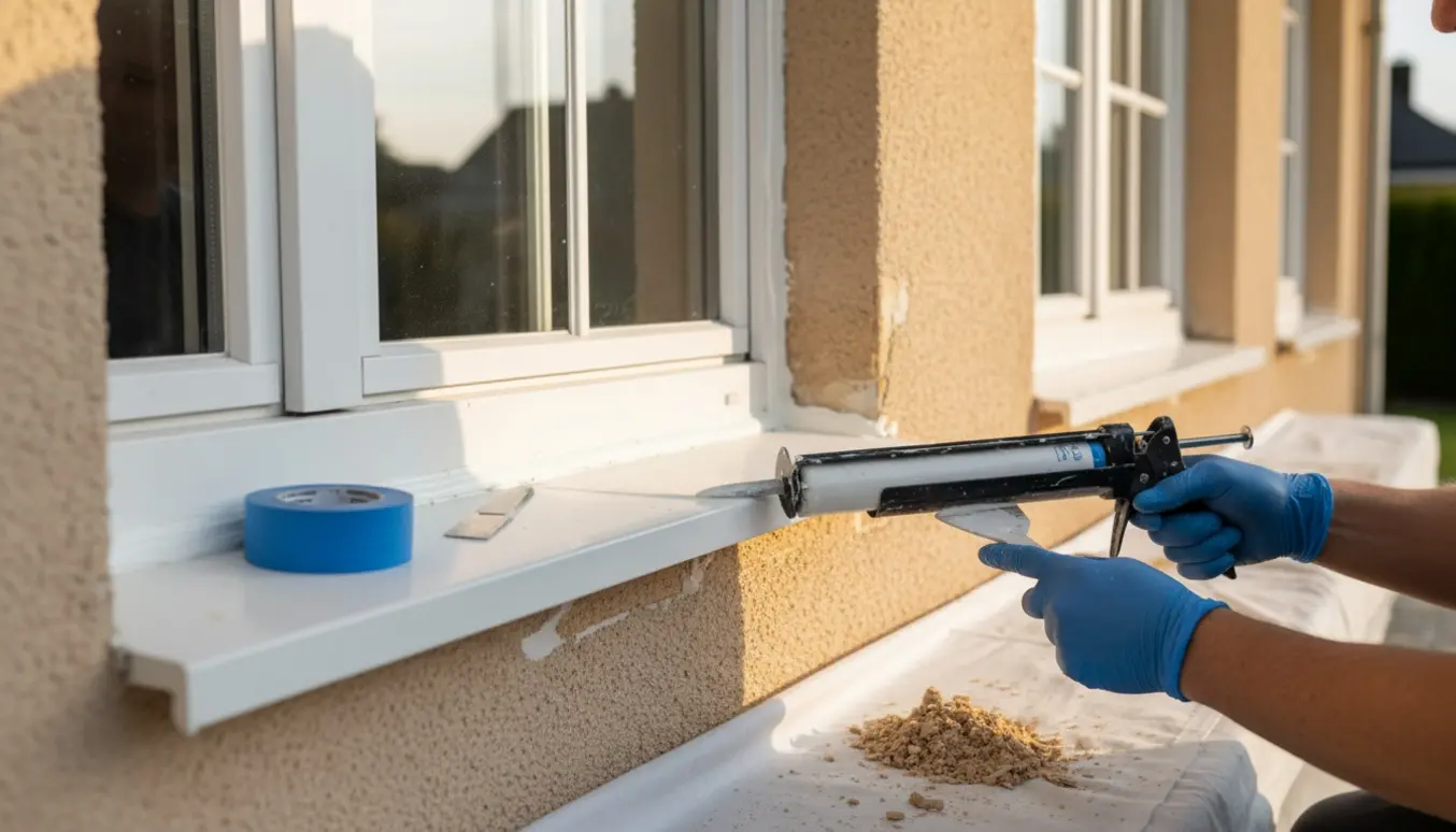 Hånd glatter frisk siliconefuge under vinduer på en sydvendt facade.