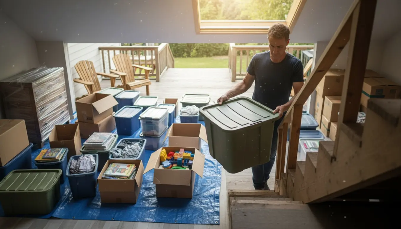 Person set bagfra bærer en plastikkasse ned fra loftet til terrassen, hvor dusinvis af kasser og nogle møbler ligger klar til sortering.