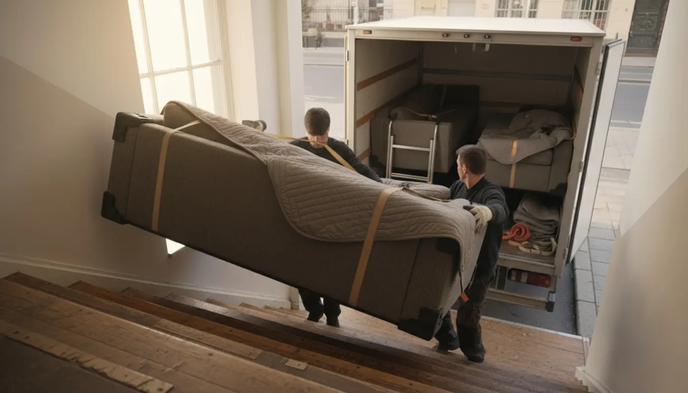 To flyttefolk bærer tunge modulsofaer ned ad en trappe mod en ventende flyttebil.