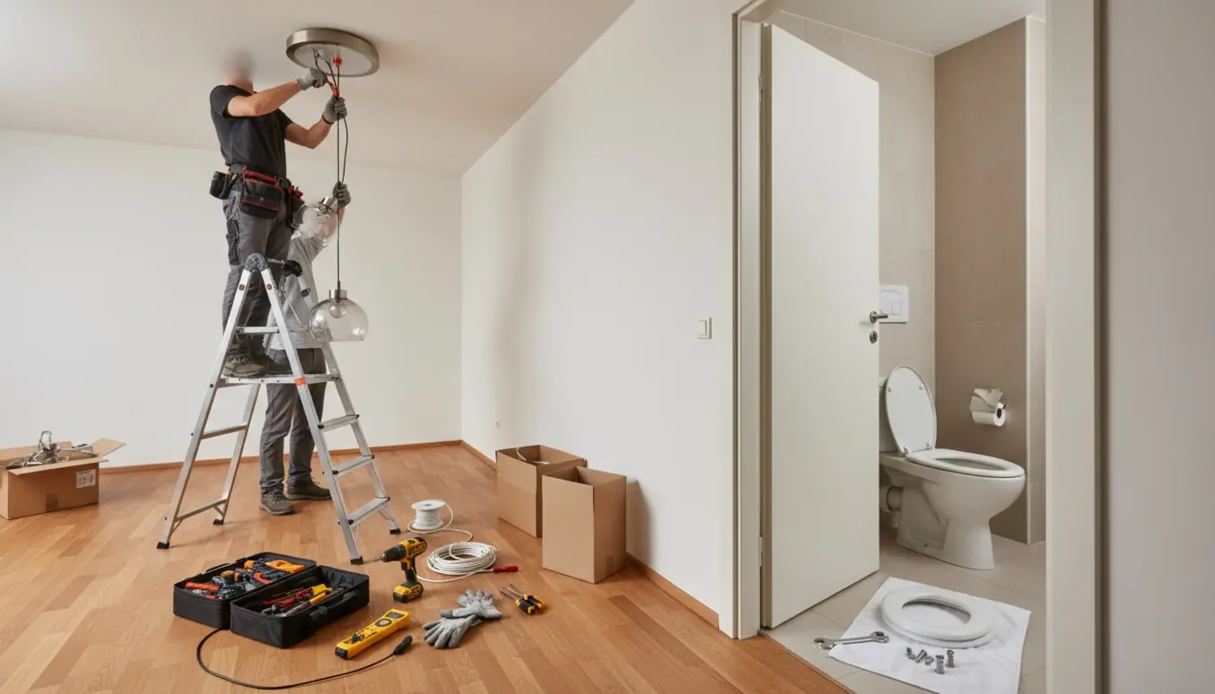 Montør monterer loftslampe på stige i lejlighed, mens en hjælper holder lampen og et nyt toiletbræt ligger klart i badeværelset.