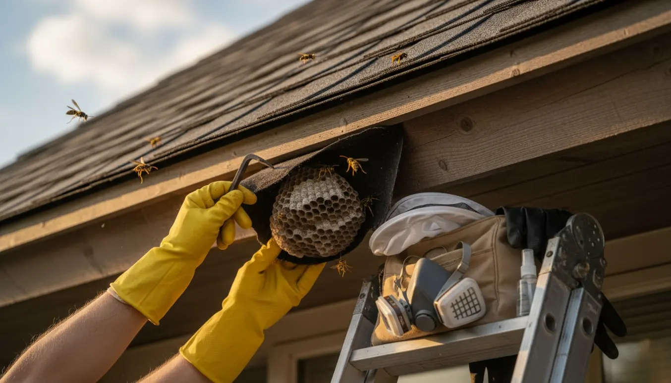 Hænder i beskyttelseshandsker folder tagpap tilbage og afslører et hvepsebo under tagudhænget med stige og værktøj ved siden af.