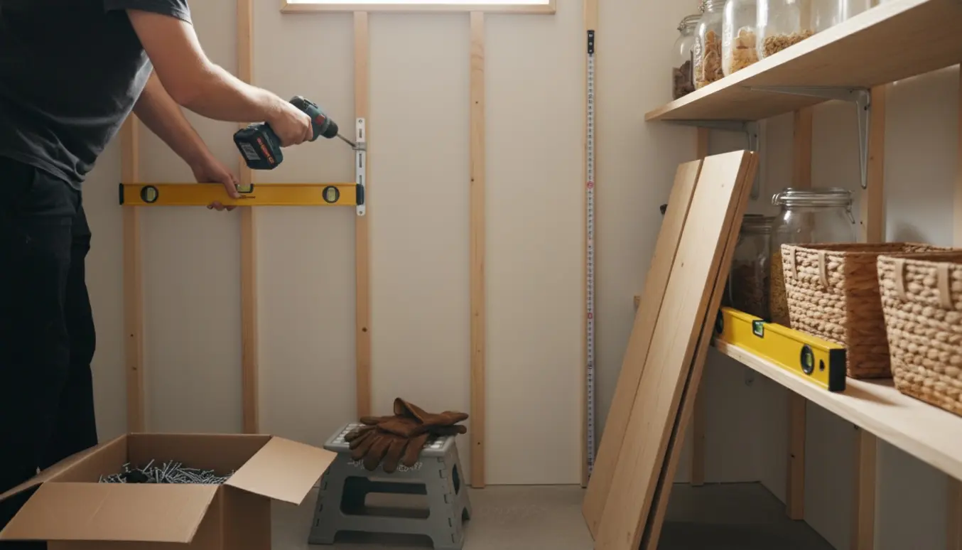 Hænder bruger en boremaskine til at opsætte nye hylder i et lille viktualierum.
