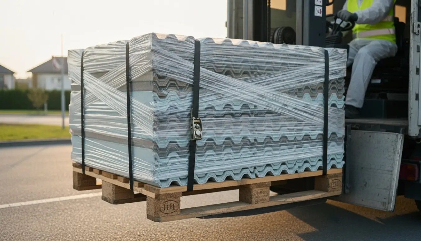 Eu-palle med indpakkede tagplader placeret på vej, klar til afhentning med gaffeltruck og beskyttede arbejdshænder synlige.