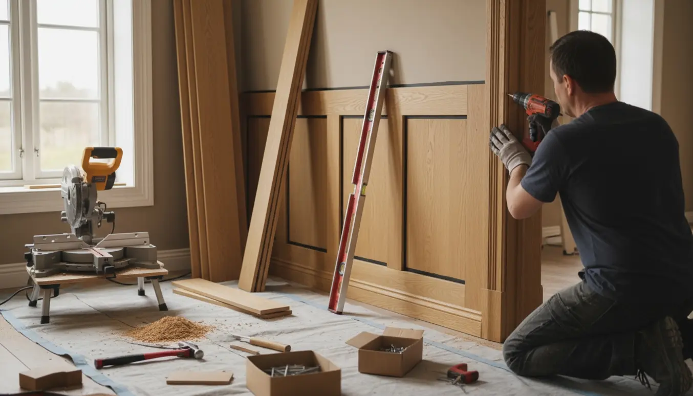 Hænder monterer træpaneler, skyggelister og en delvist sat dørgerigt i et lyst værelse med værktøj og materialer omkring.