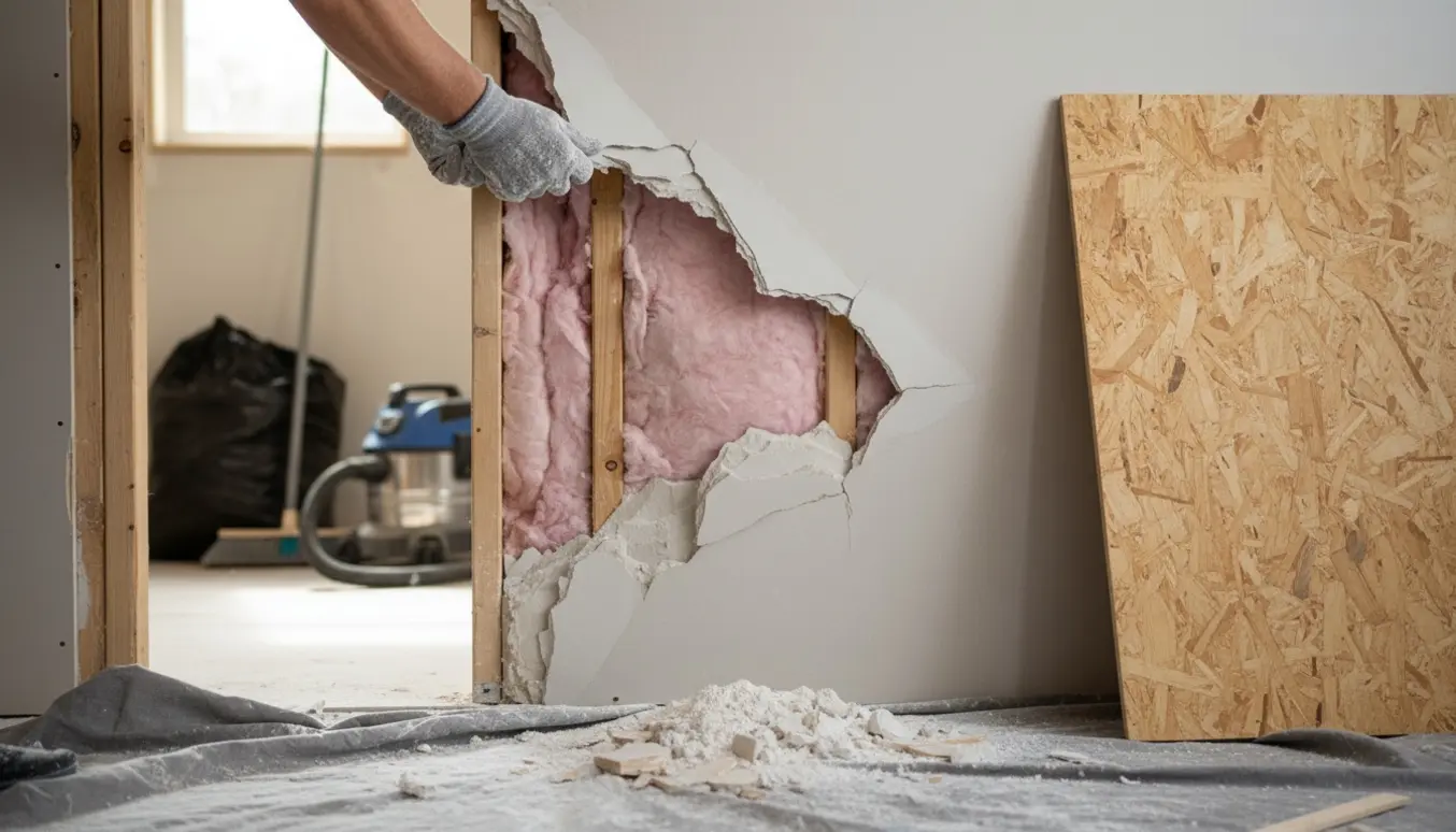 Delvist fjernet gipsvæg med blotlagte stolper, bunke gipsaffald og handsker i naturligt lys.