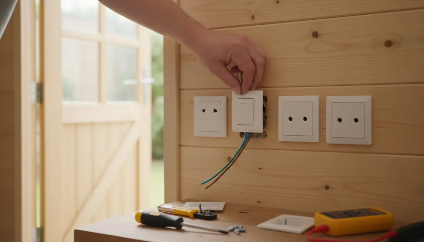 Installering af tænd/sluk-kontakt ved døren i et træbeklædt skur med synlige ledninger og værktøj.