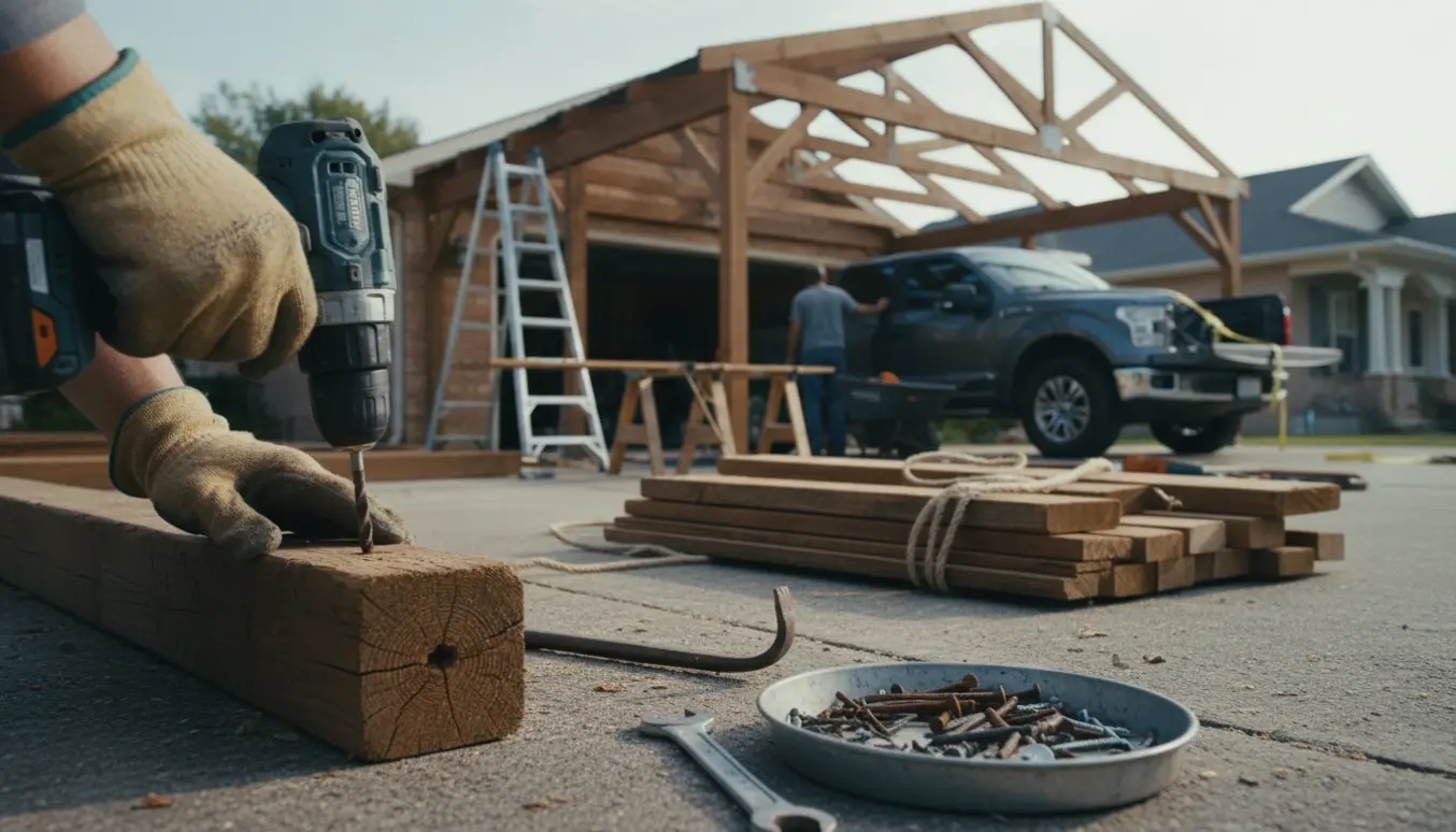 Delvist nedtaget carport med værktøj, stablede genbrugsmaterialer og arbejdshænder i sikkerhedshandsker.