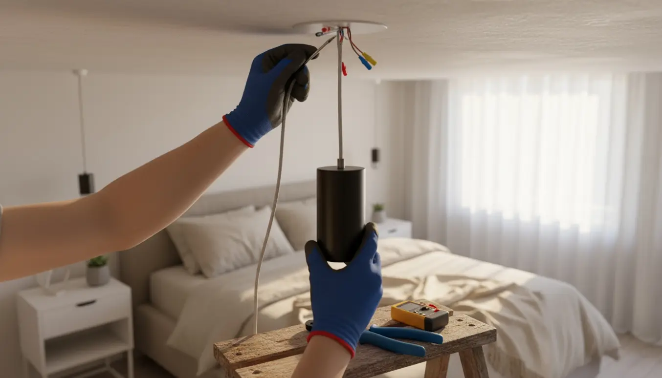Loftlampe monteres i et soveværelse med værktøj og hænder i fokus.