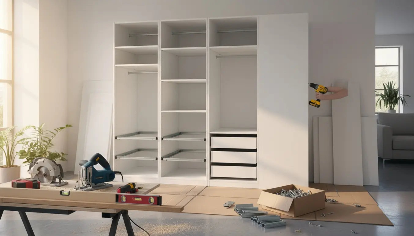 Delvist samlet PAX-garderobe i lys stue med værktøj og plade klar til tilskæring under skabet.