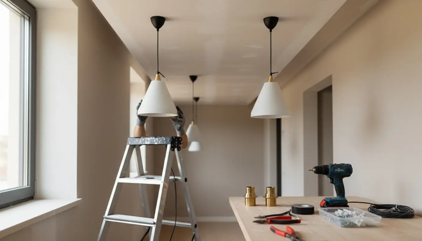 Trappe og værktøj ved ophængning af to ens loftslamper i en gang med gipsloft.