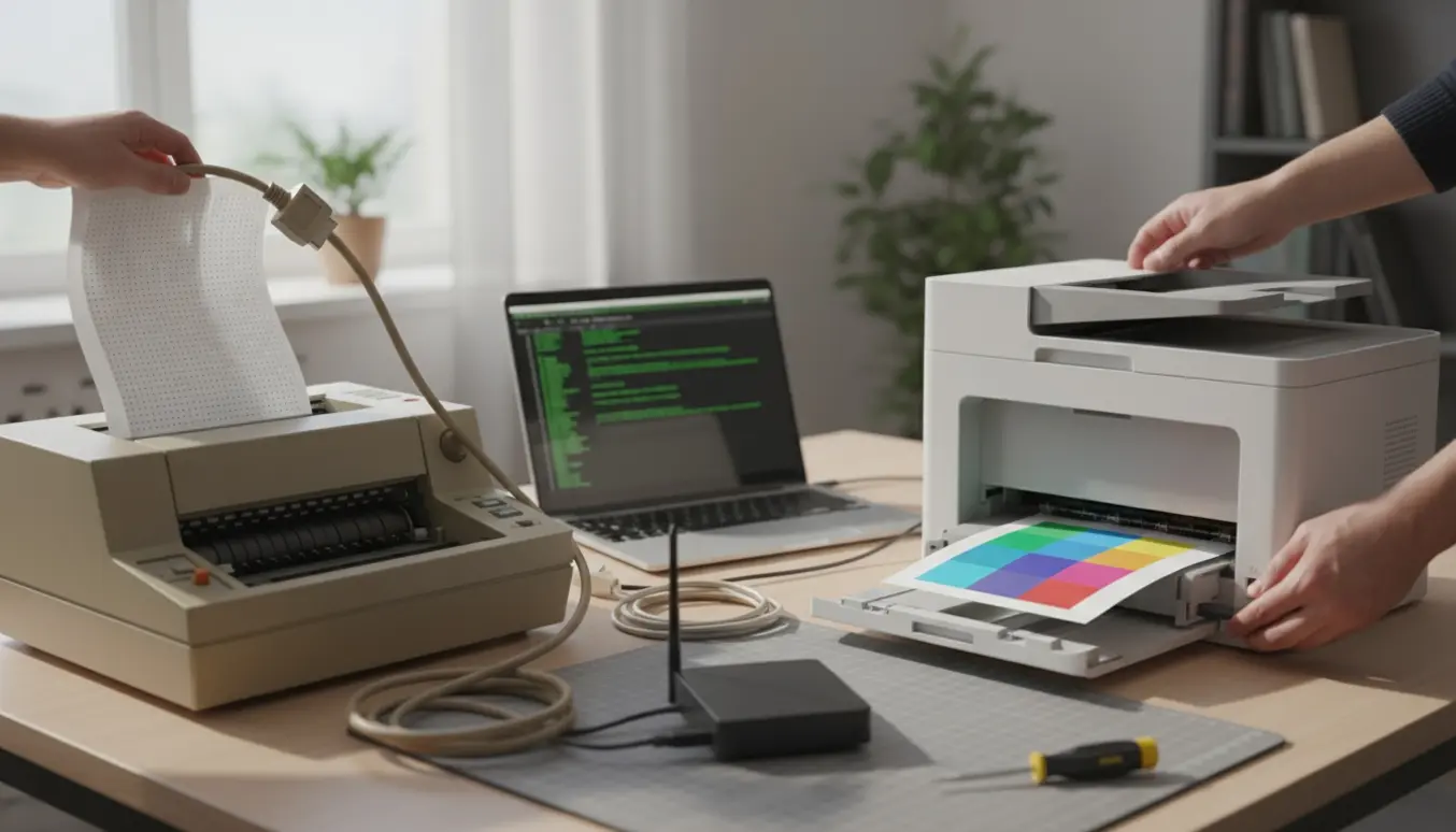 Hænder kobler en moderne multifunktionsprinter til, mens en gammel matriceprinter er frakoblet foran en laptop med et terminalvindue.