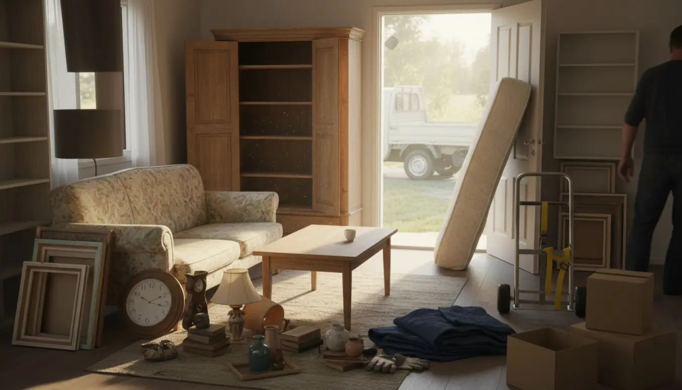 Sommerhusstue med gamle møbler samlet ved åben dør klar til afhentning.