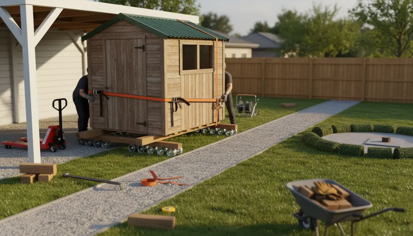 Et lille træskur flyttes fra carporten til en klar plads i haven med ruller, stropper og to hjælpere set bagfra.