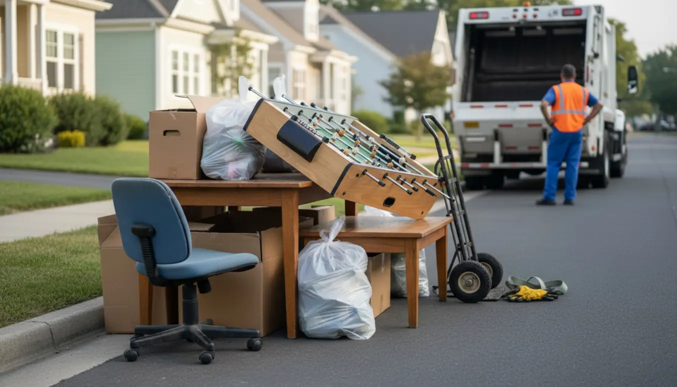 Storskrald ved fortovet med kontorstol, bord, bordfodbold og pap klar til afhentning.