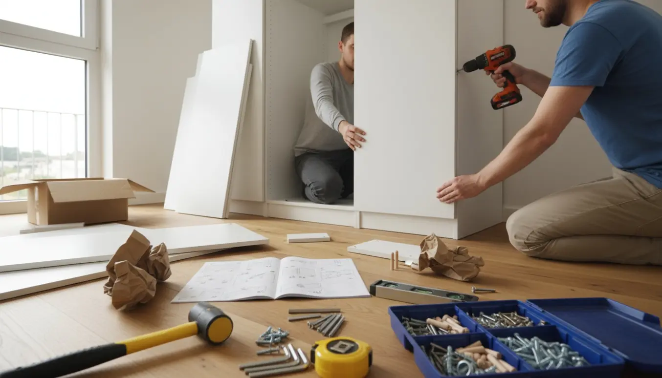 To personer monterer et garderobeskab i et lyst soveværelse med værktøj og skruer på trægulvet.