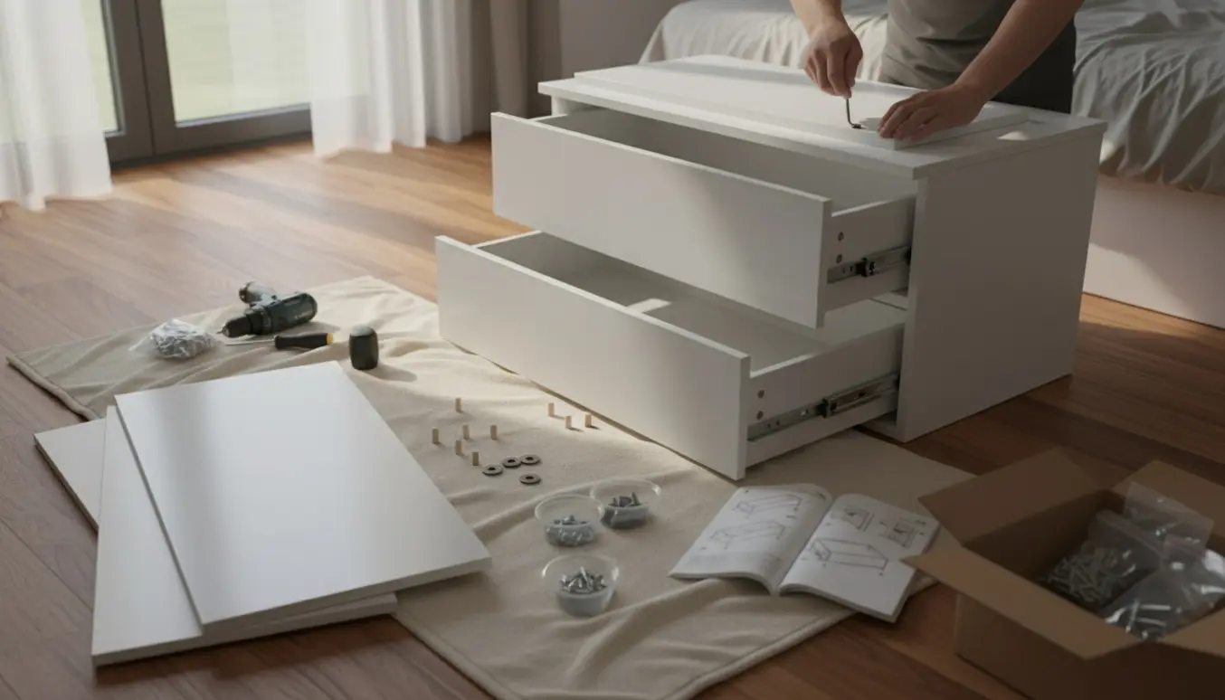 Delvist samlet hvid kommode på trægulv med værktøj og hænder, der bruger unbrakonøgle.