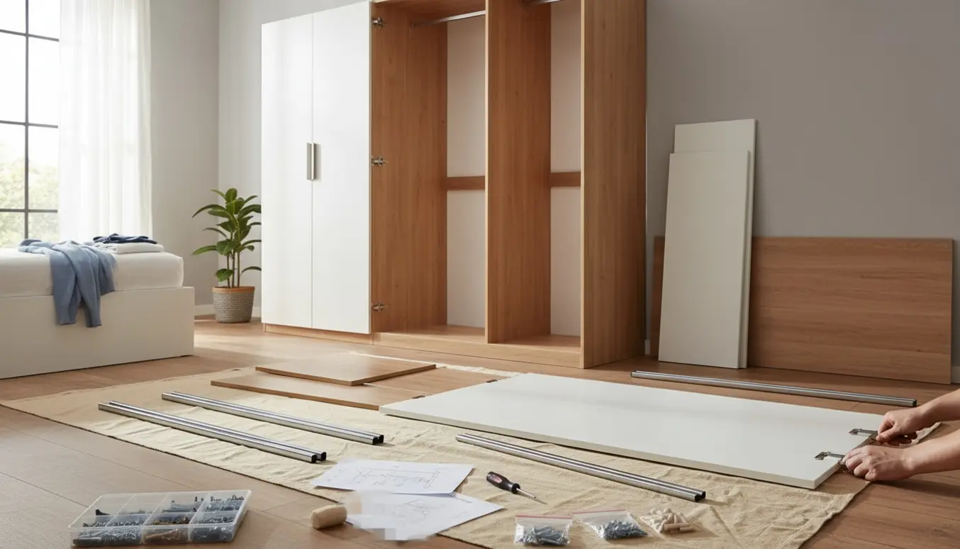 Delvist samlet PAX-stil garderobeskab i et lyst soveværelse med værktøj og løse hylder.