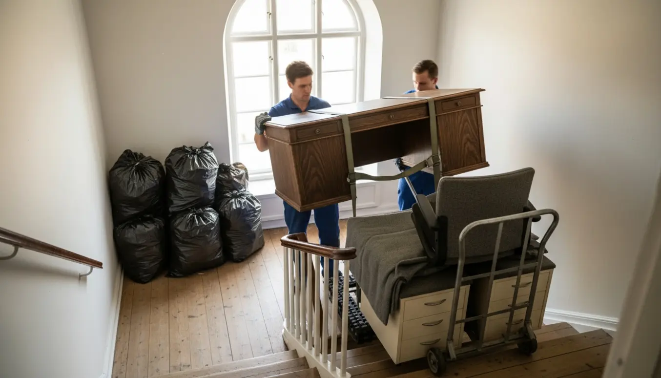 Flyttefolk bærer sorte sække og et tungt skrivebord ned ad en smal trappe i en klinik på 1. sal uden elevator.