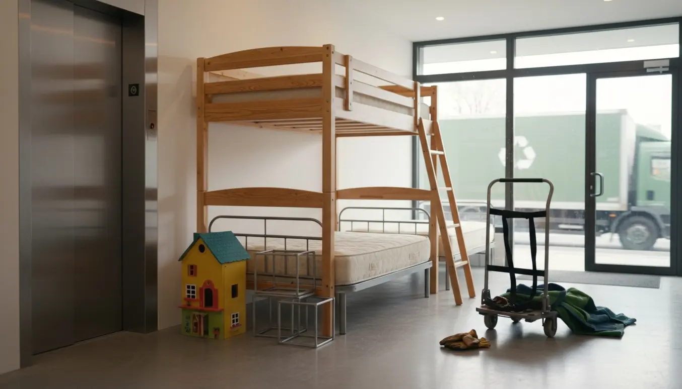 Storskrald ved elevator i opgang: en højseng, to enkeltsenge, tre små metalthylder og et trædukkehus klar til genbrug.