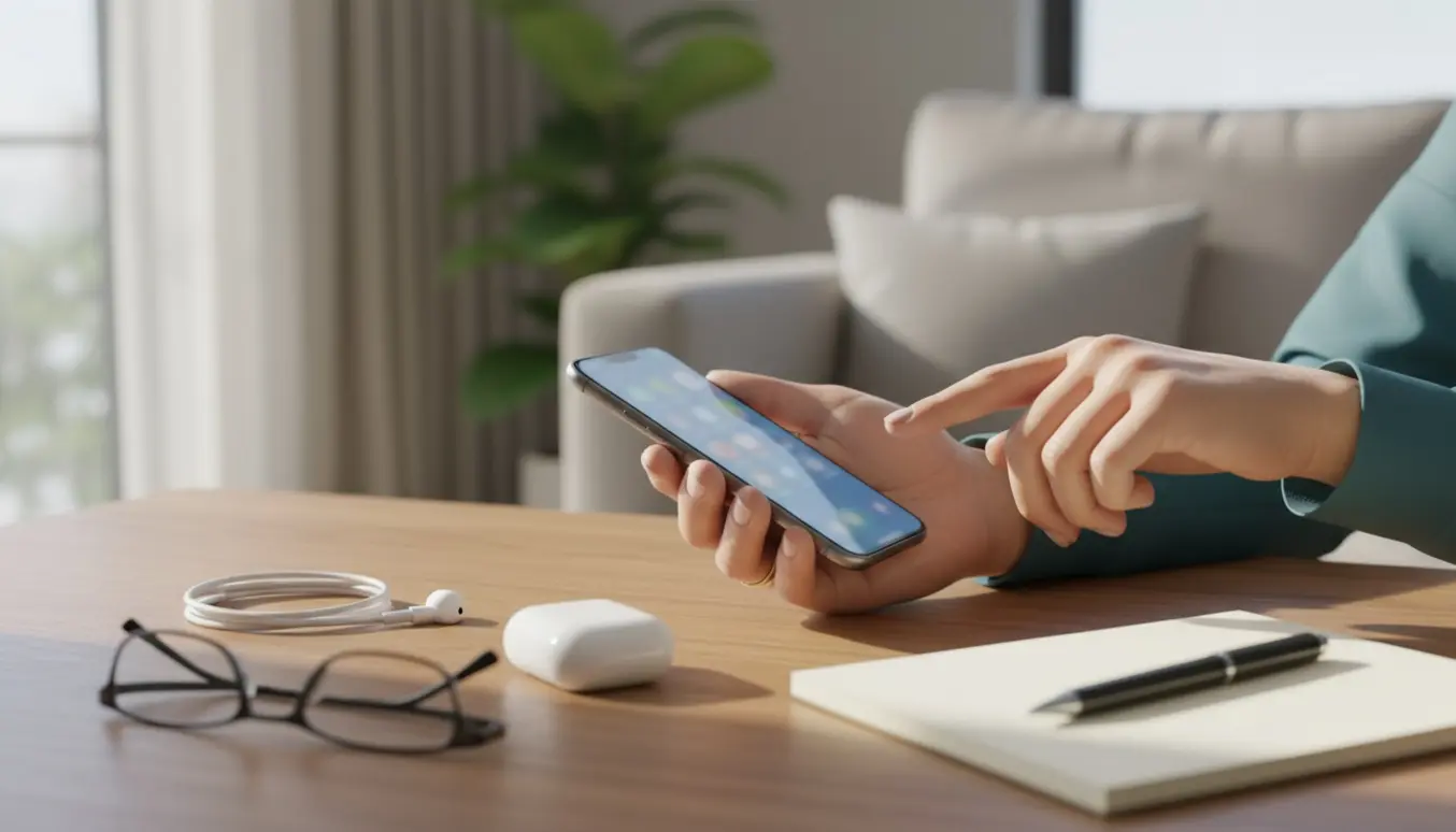 Hænder får hjælp til en smartphone ved et lyst bord i en hyggelig stue.